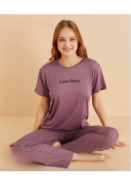 Kadın Bisiklet Yaka Milan Likralı Kısa Kol Pijama Takımı 50107L - 1 Adet