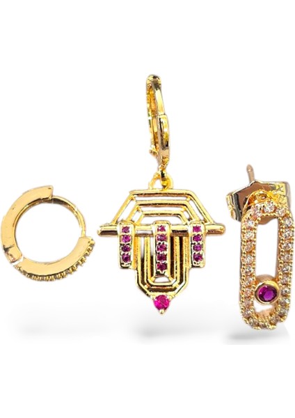 Pembe Taşlı Üçlü Şövalye Çelik Küpe