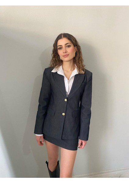 Gold Düğmeli Blazer Ceket Etek Denim Takım