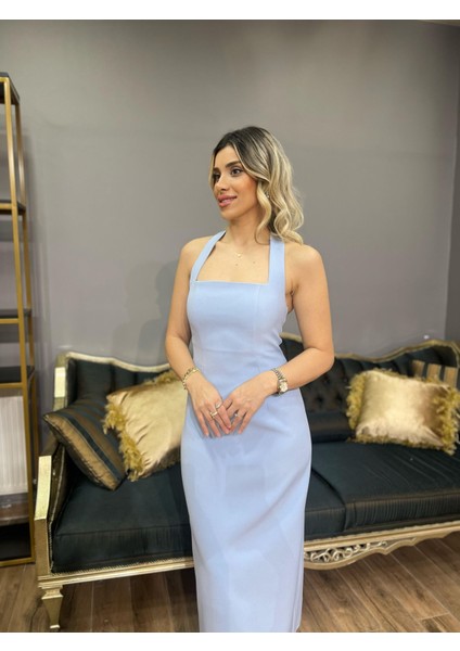 Boyun Askılı Sırtı Açık Midi Boy Elbise