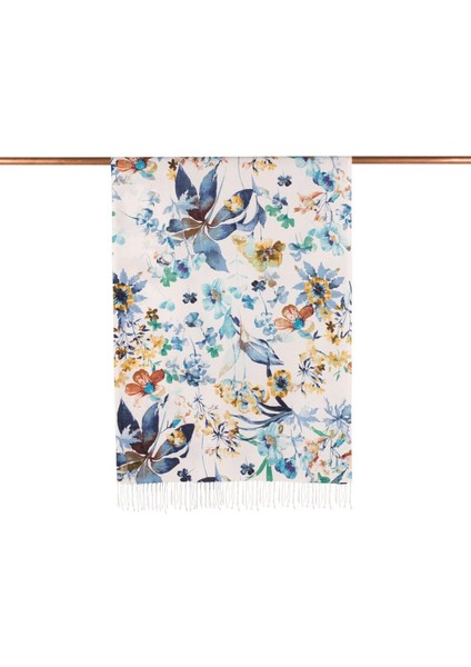 Botanik Bahçe Desenli Ipek Şal 05778 Beyaz - Mavi