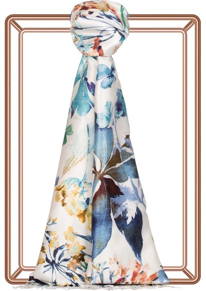 Botanik Bahçe Desenli Ipek Şal 05778 Beyaz - Mavi fiyatları