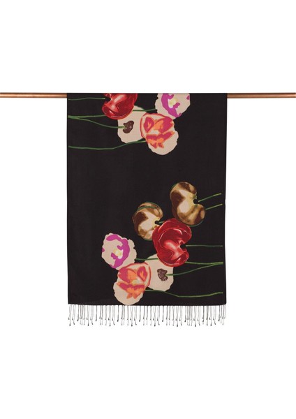 Gelincik Pano Desenli Ipek Şal 06477 Siyah - Kırmızı