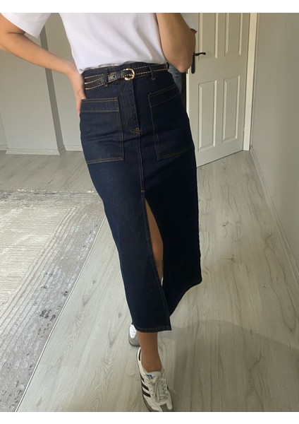 Koyu Lacivert Yırtmaçlı Denim Etek
