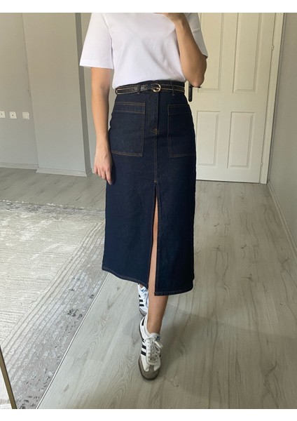 Koyu Lacivert Yırtmaçlı Denim Etek