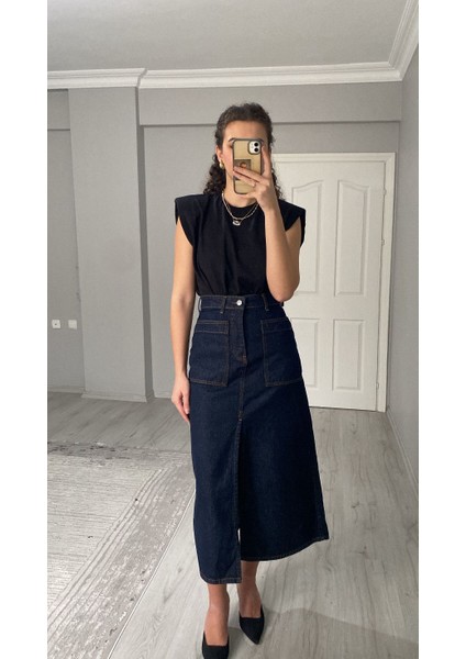 Koyu Lacivert Yırtmaçlı Denim Etek
