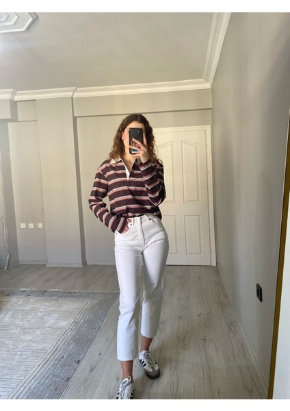 Polo Yaka Kahve Pembe Çizgili Uzun Kol Pamuklu Basic Tişört modelleri