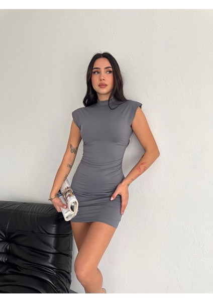 Yarım Bogazlı Kolsuz Mini Boy Elbise - Gri