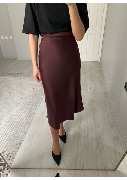 Yüksek Bel Midi Boy Saten Etek