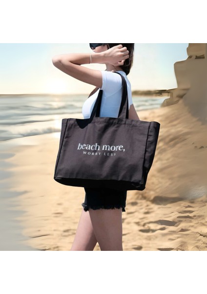 "beach More Worry Less" Baskılı Kanvas Tote Çanta - Plaj Alışveriş Seyahat