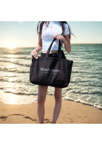 "beach More Worry Less" Baskılı Kanvas Tote Çanta - Plaj Alışveriş Seyahat