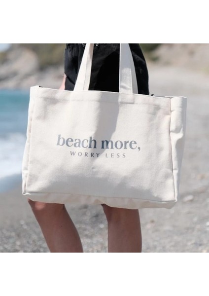 "beach More Worry Less" Baskılı Kanvas Tote Çanta - Plaj Alışveriş Seyahat