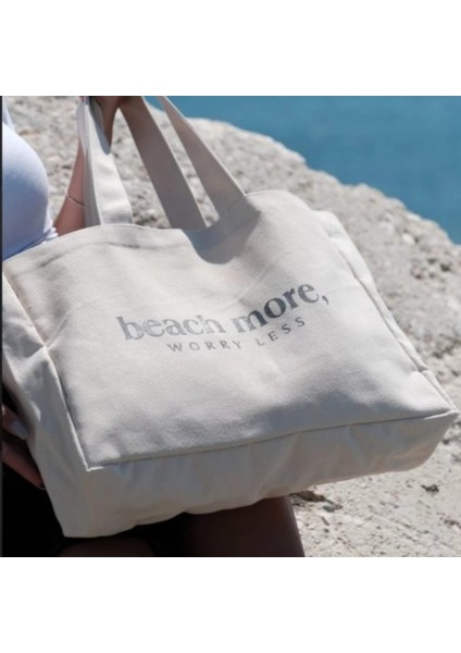 "beach More Worry Less" Baskılı Kanvas Tote Çanta - Plaj Alışveriş Seyahat