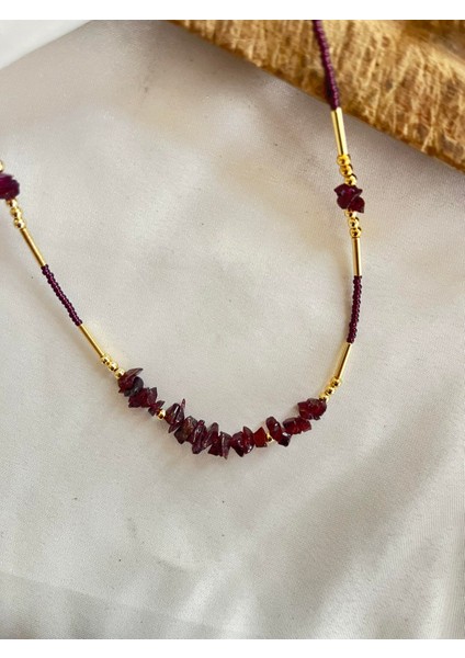 El Yapımı Doğal Garnet (Lal) Taşlı Kolye – Çelik Zincirli, Tutku ve Enerji Taşı