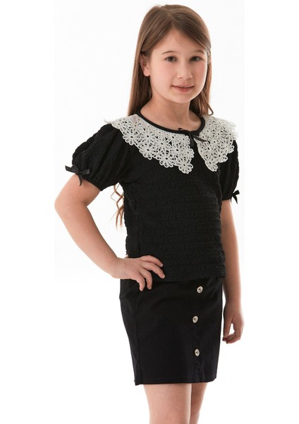 Fiyonk ve Dantel Detaylı Bebe Yaka Kız Çocuk Bluz