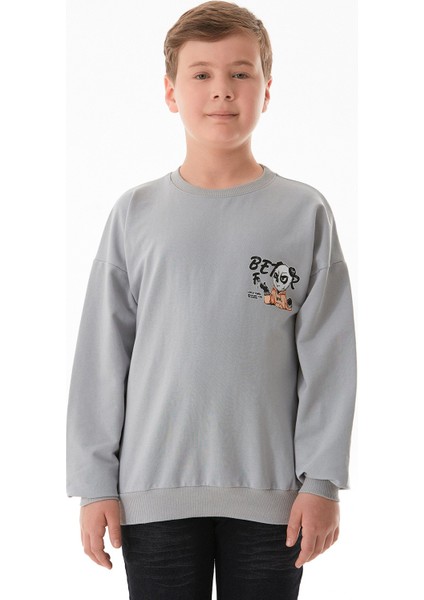 Önü ve Arkası Baskılı Bisiklet Yaka Erkek Çocuk Sweatshirt