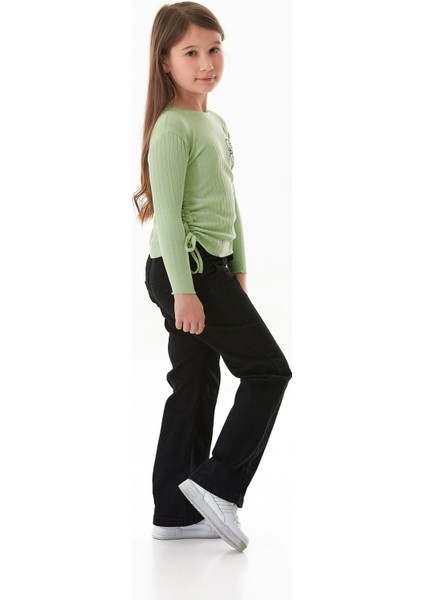 Fitilli Girl Power Baskılı Yanları Büzgülü Kız Çocuk Bluz