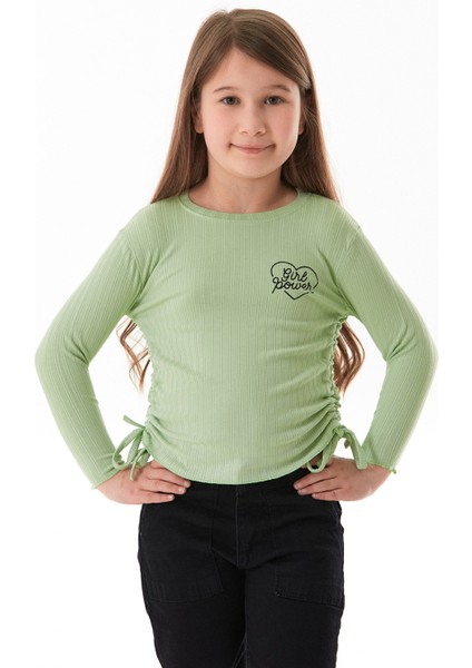 Fitilli Girl Power Baskılı Yanları Büzgülü Kız Çocuk Bluz