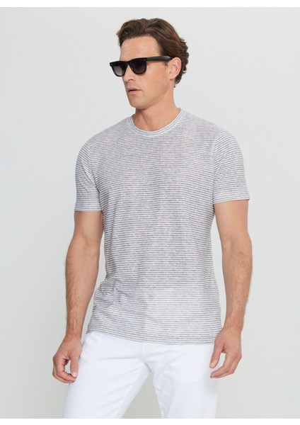 Bisiklet Yaka Çizgili Beyaz - Lacivert Erkek T-Shirt ACE091252395_BZL