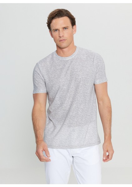 Bisiklet Yaka Çizgili Beyaz - Lacivert Erkek T-Shirt ACE091252395_BZL modelleri