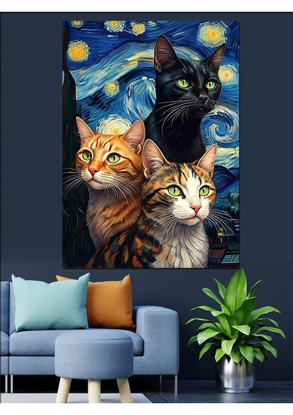 Yıldızlı Kedi Dekoratif Kanvas - Mdf Ahşap Tablo