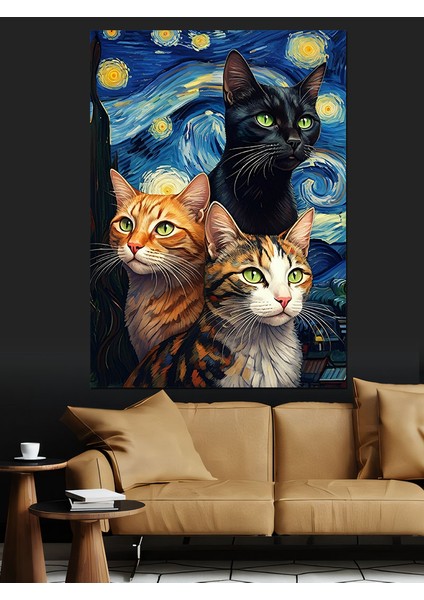 Yıldızlı Kedi Dekoratif Kanvas - Mdf Ahşap Tablo fiyatları