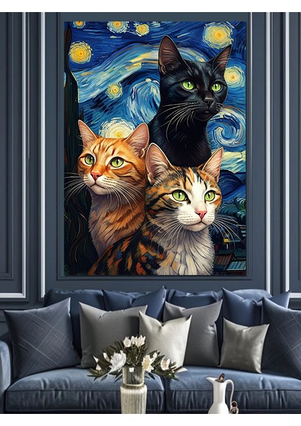 Yıldızlı Kedi Dekoratif Kanvas - Mdf Ahşap Tablo modelleri