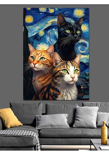 Yıldızlı Kedi Dekoratif Kanvas - Mdf Ahşap Tablo fırsatları