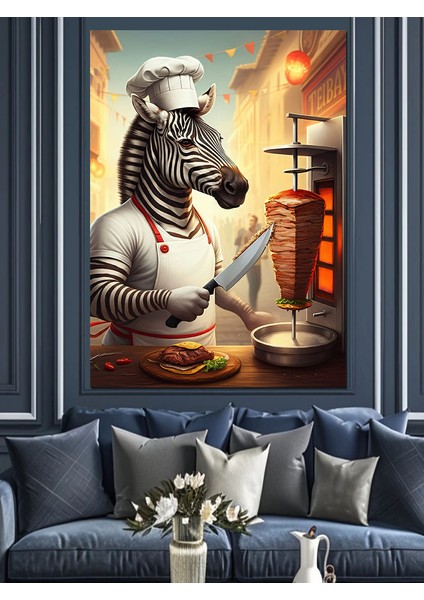 Aşçı Zebra Döner Keserken Dekoratif Kanvas - Mdf Ahşap Tablo