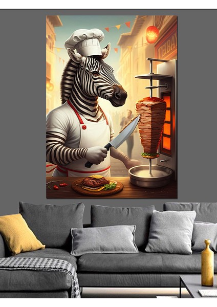 Aşçı Zebra Döner Keserken Dekoratif Kanvas - Mdf Ahşap Tablo fiyatları