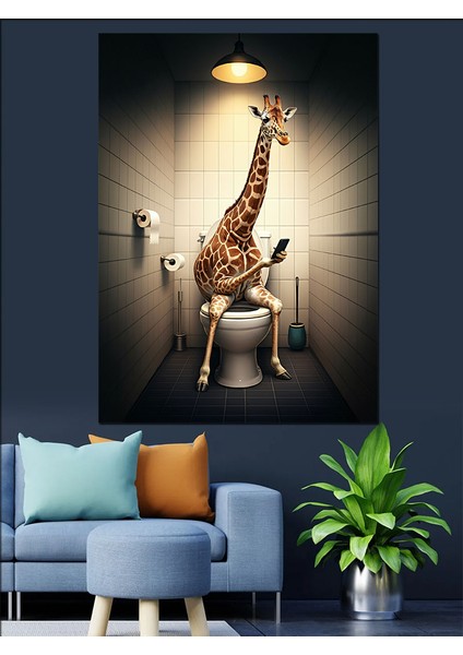 Tuvalette Zürafa ve Komik Tasarım Dekoratif Kanvas - Mdf Ahşap Tablo
