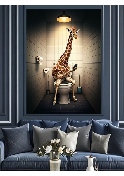 Tuvalette Zürafa ve Komik Tasarım Dekoratif Kanvas - Mdf Ahşap Tablo modelleri