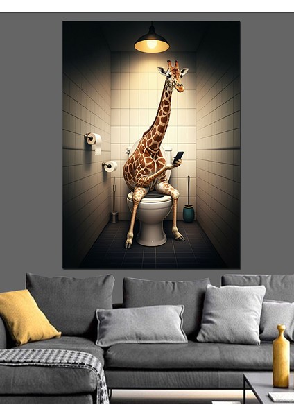 Tuvalette Zürafa ve Komik Tasarım Dekoratif Kanvas - Mdf Ahşap Tablo fırsatları