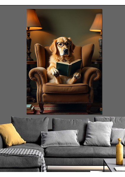 Koltukta Kitap Okuyan Köpek Dekoratif Kanvas - Mdf Ahşap Tablo