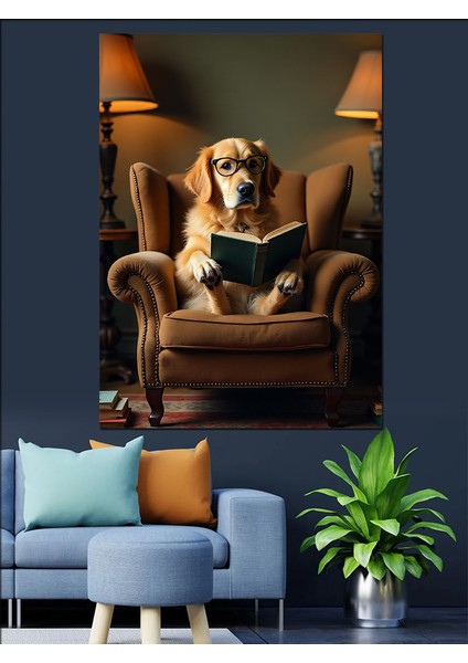 Koltukta Kitap Okuyan Köpek Dekoratif Kanvas - Mdf Ahşap Tablo modelleri