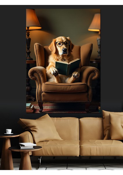 Koltukta Kitap Okuyan Köpek Dekoratif Kanvas - Mdf Ahşap Tablo fırsatları