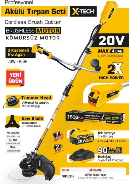 SGS5335 - 20 Volt 4 Amper Akülü Tırpan Motoru Makinesi (Kömürsüz Motor) fiyatları