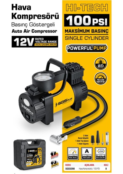 SGS5390 - 12 Volt 100 Psı Araç Oto Lastik Hava Kompresörü Basınç Göstergeli