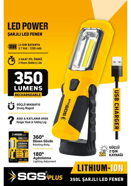 SGS5054 Şarjlı Mıknatıslı Ledli Fener Tamirci Aydınlatma Lambası 350 Lümen USB Şarjlı 4 Kademeli
