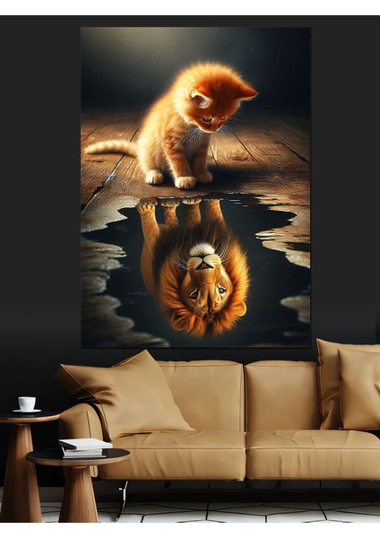 Gölde Ay ve Aslan Dekoratif Kanvas - Mdf Ahşap Tablo