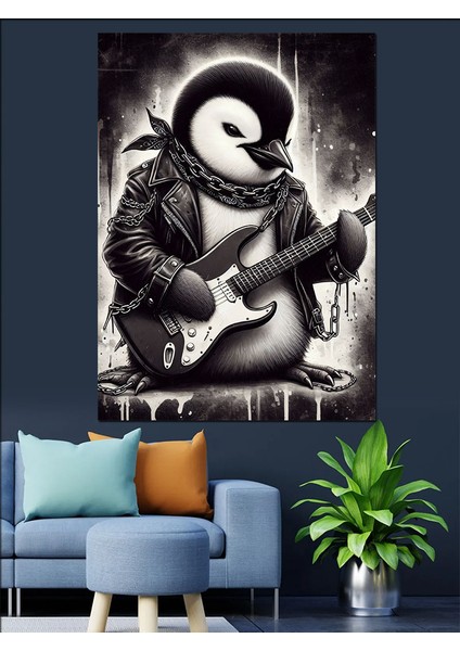 Gitar Çalan Penguen Dekoratif Kanvas - Mdf Ahşap Tablo