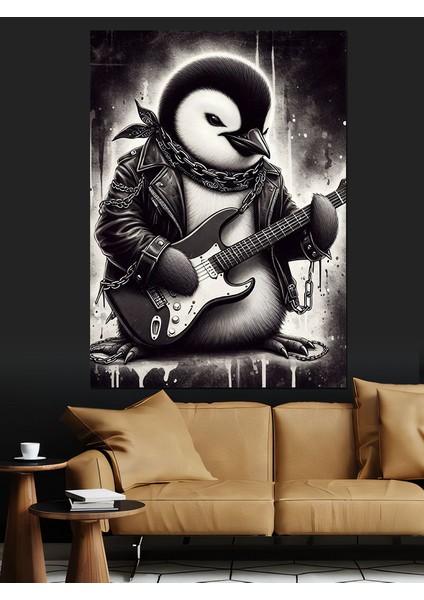 Gitar Çalan Penguen Dekoratif Kanvas - Mdf Ahşap Tablo