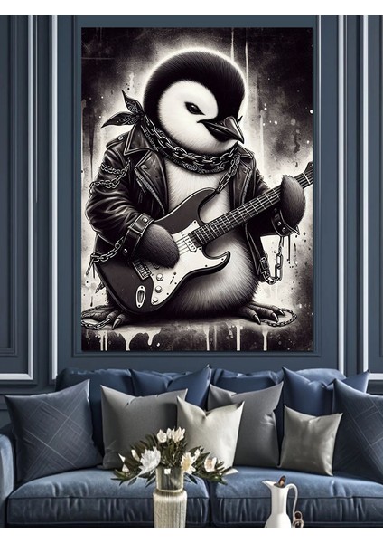 Gitar Çalan Penguen Dekoratif Kanvas - Mdf Ahşap Tablo