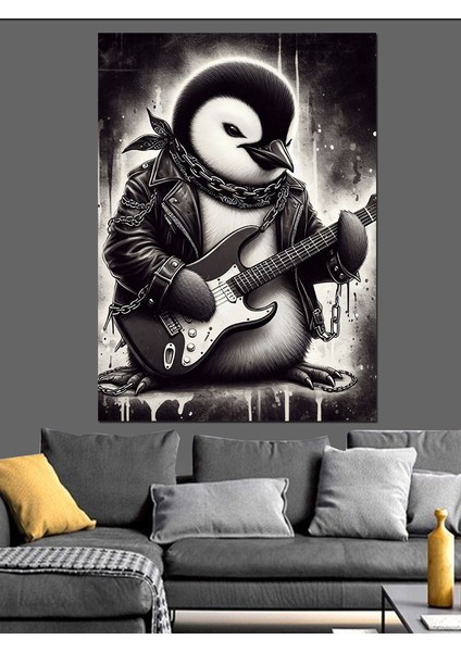Gitar Çalan Penguen Dekoratif Kanvas - Mdf Ahşap Tablo
