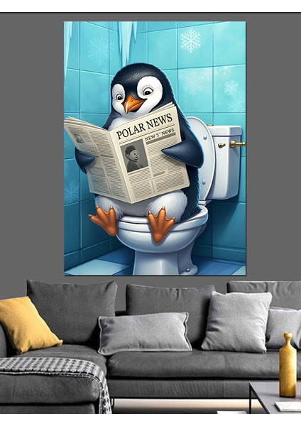 Gazete Okuyan Penguen Dekoratif Kanvas - Mdf Ahşap Tablo