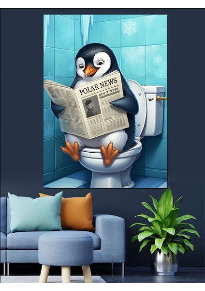 Gazete Okuyan Penguen Dekoratif Kanvas - Mdf Ahşap Tablo