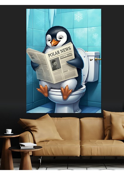 Gazete Okuyan Penguen Dekoratif Kanvas - Mdf Ahşap Tablo