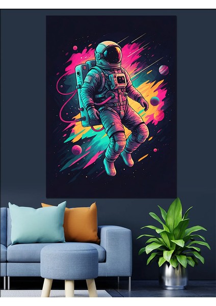 Neon Astronot Dekoratif Kanvas - Mdf Ahşap Tablo