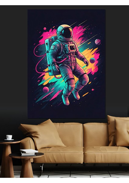 Neon Astronot Dekoratif Kanvas - Mdf Ahşap Tablo