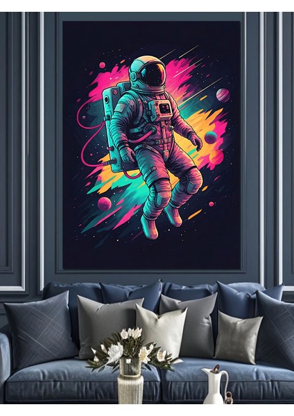 Neon Astronot Dekoratif Kanvas - Mdf Ahşap Tablo